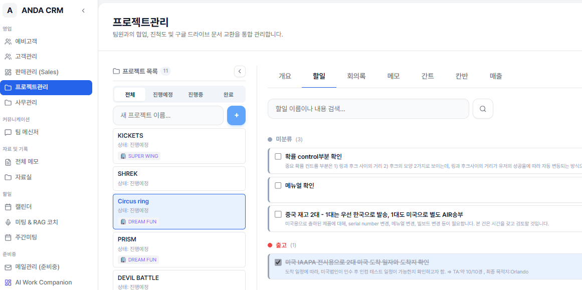 Kong CRM 프로젝트관리 화면