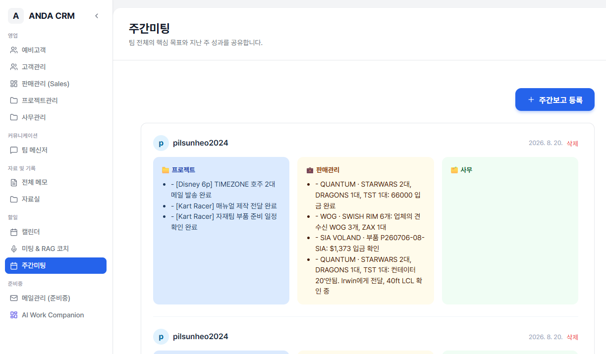 Kong CRM 주간미팅 화면